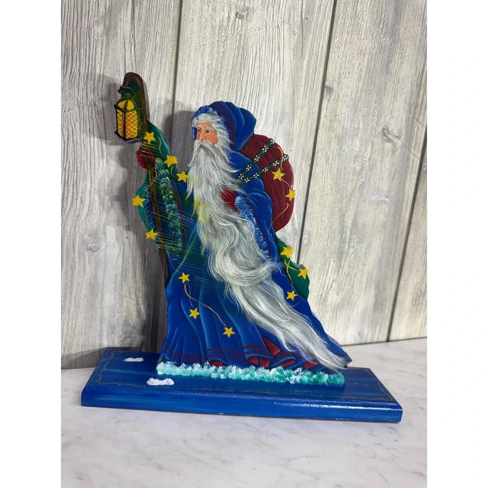 Charlotte Dropp 1995 Hand Painted Wood Santa Figurine Blue Folk Art Christmas